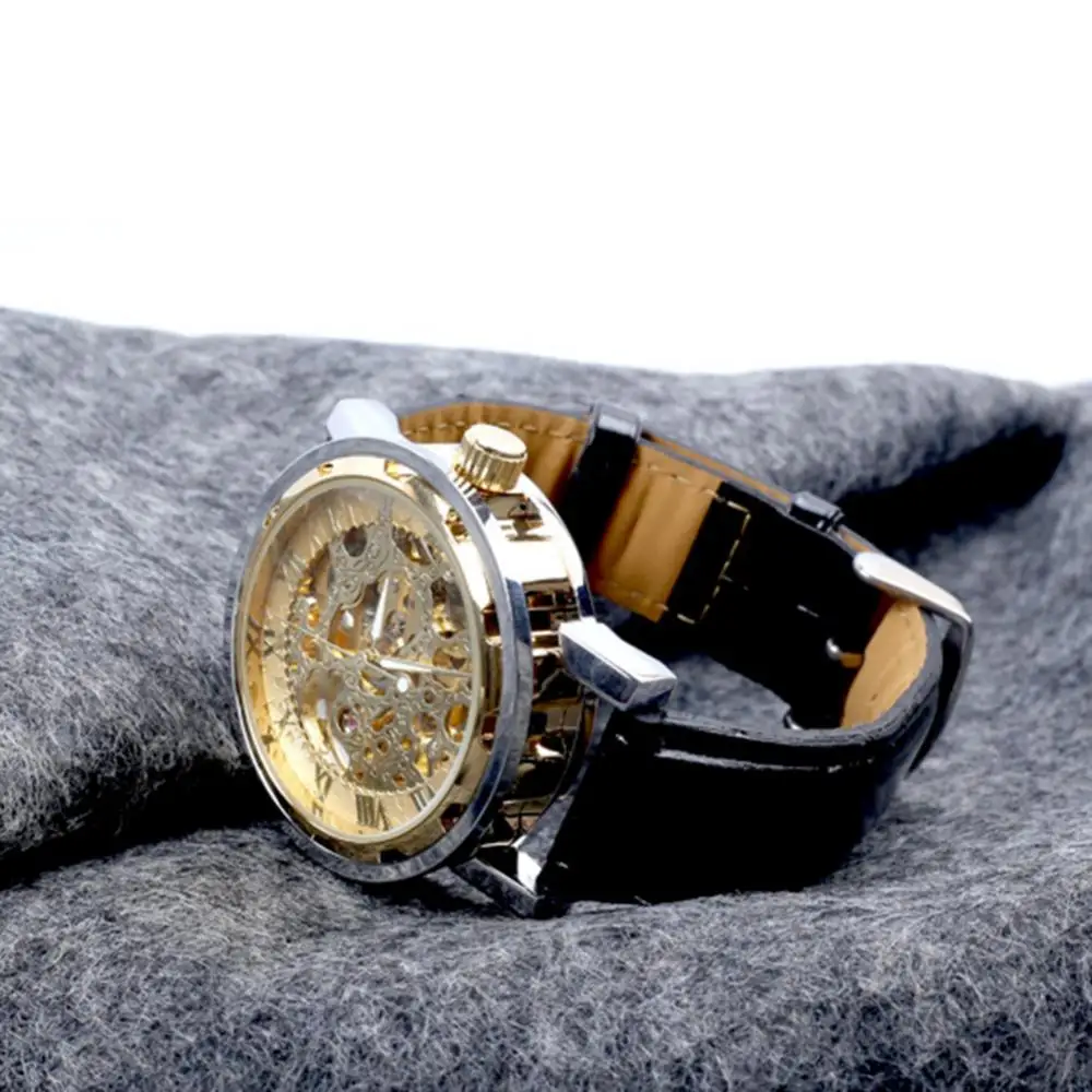 Классические мужские часы из искусственной кожи со скелетом, механические спортивные наручные часы с ручным заводом